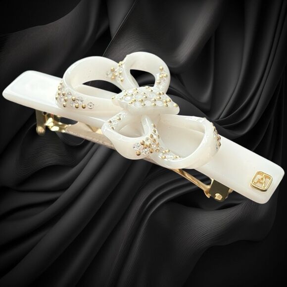 Alexandre de Paris Crystal Bow Barrette 3” White Made in France Luxury Hair Clip main image 10